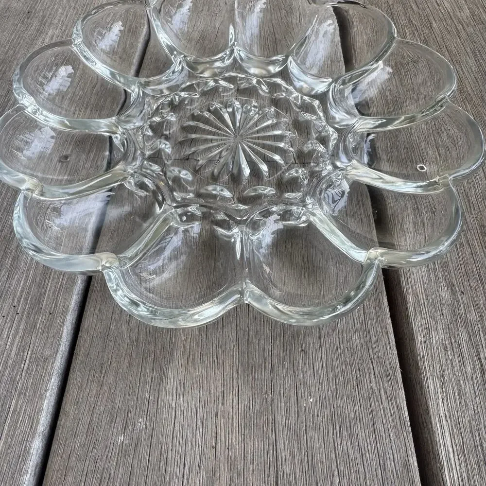 Vintage Anchor Hocking Heavy Clear Glass 10” Deviled Egg Plate Dish Tray